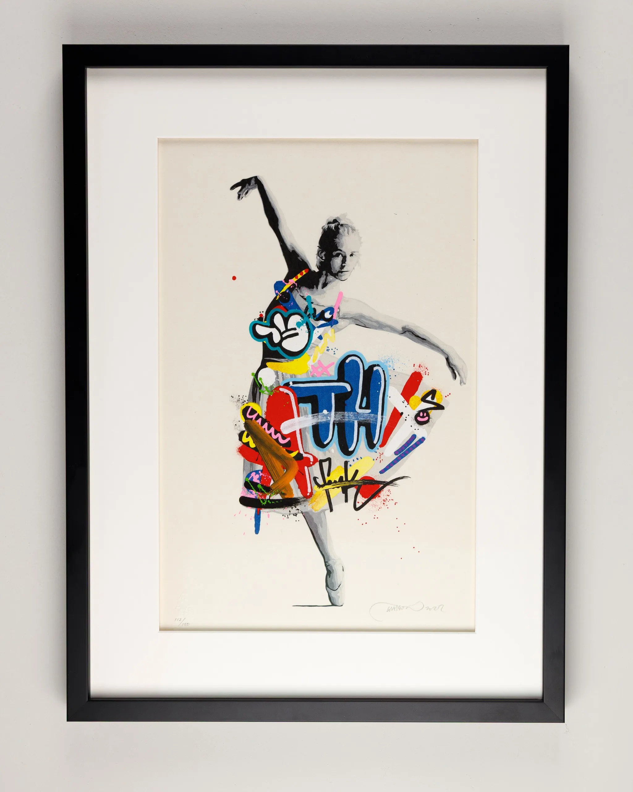 A contemporary woodblock print: a dancer rendered in stencil and graffiti.